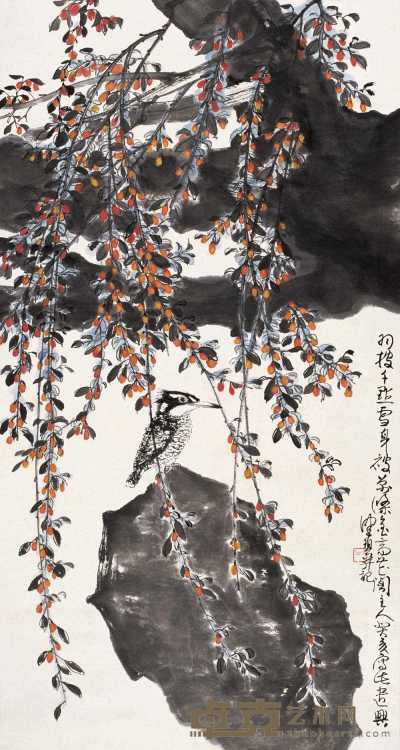 陈佩秋 1983年作 金果小鸟 立轴 89×48cm